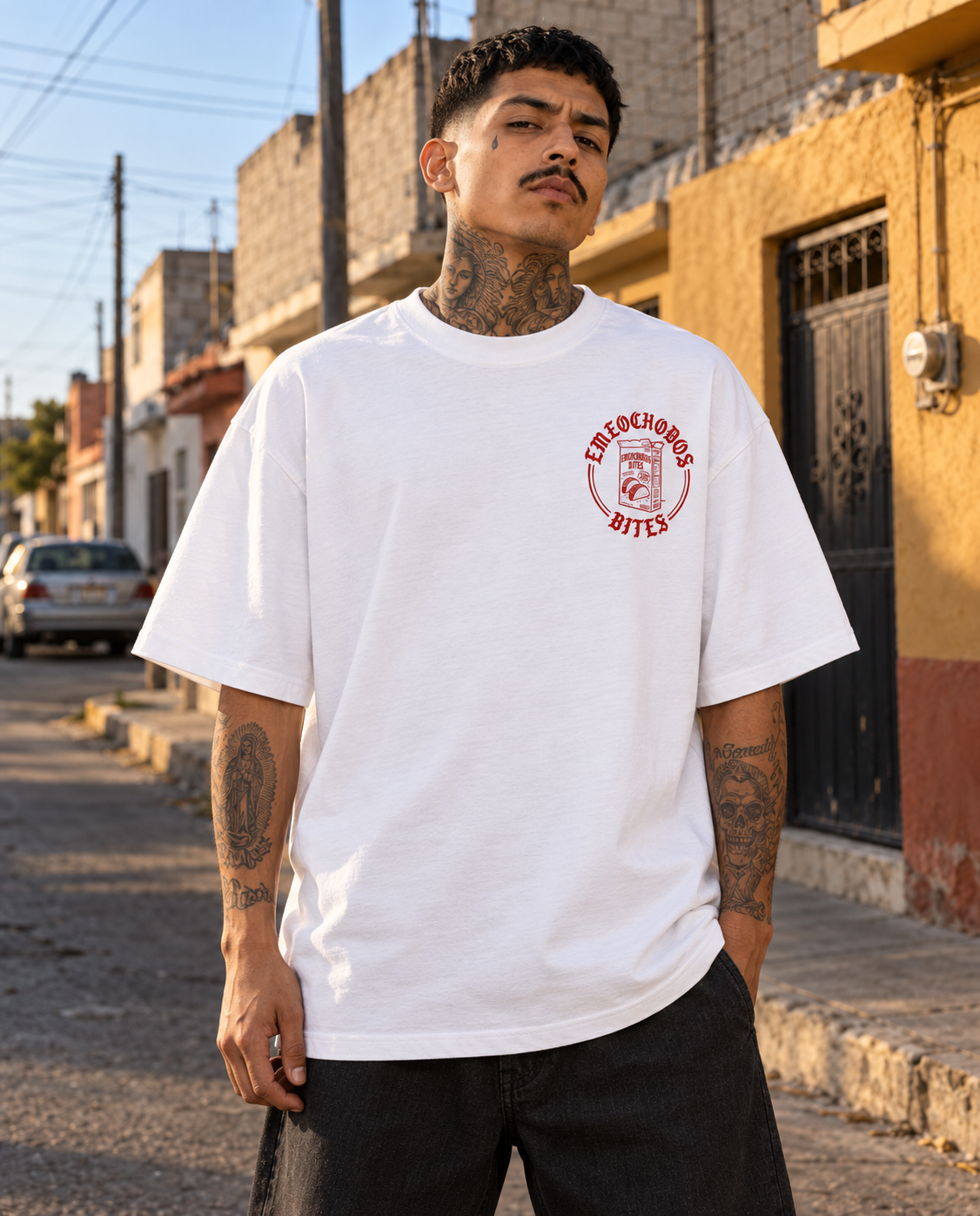 Playera Oversize "Emeochodos Bites Taco Flavor" Blanca – M82 Streetwear