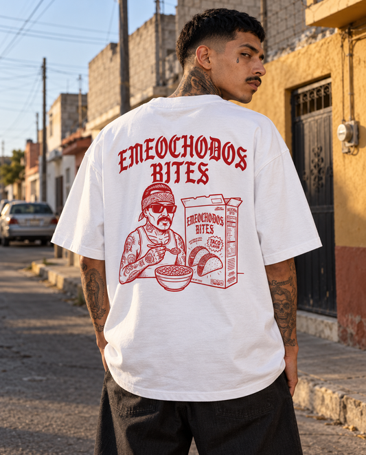 Playera Oversize "Emeochodos Bites Taco Flavor" Blanca – M82 Streetwear